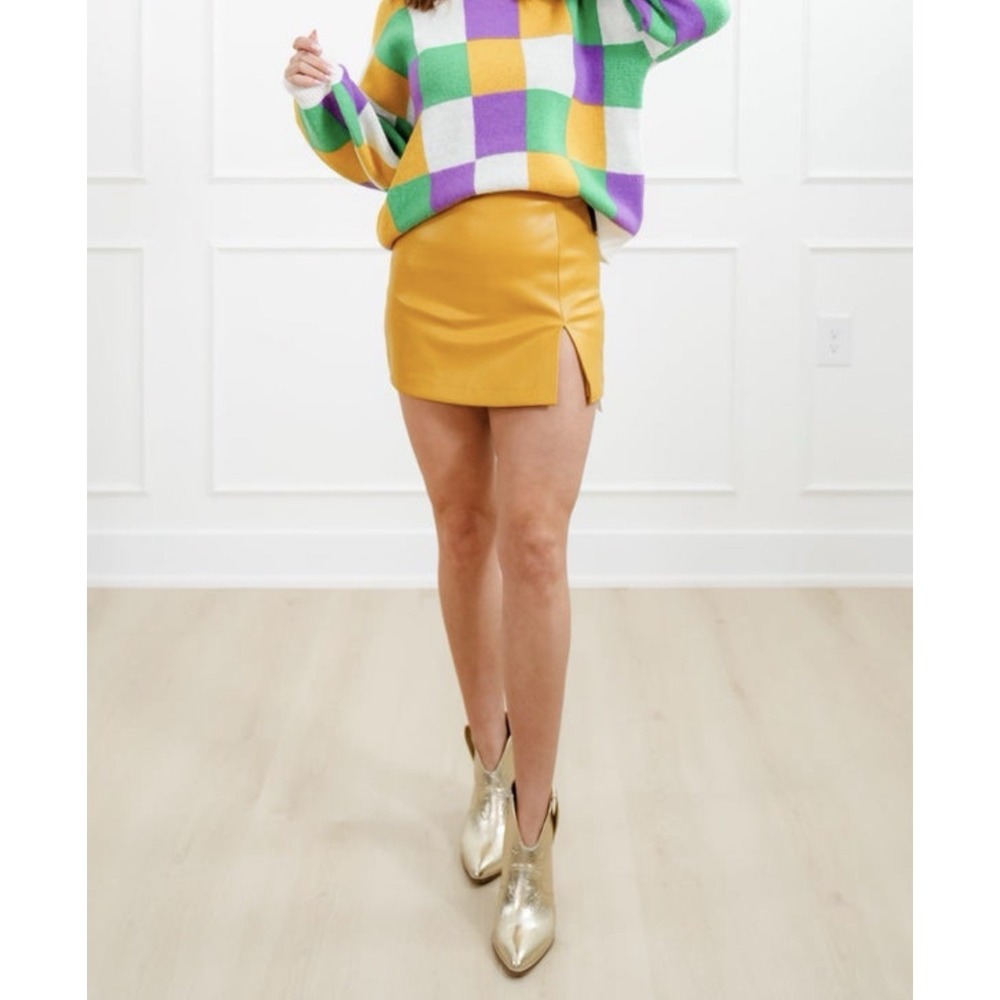 Vegan Yellow Gold Leather Skort with Side Slit Mardi Gras Or LSU Game Outfit